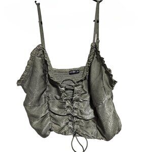 Shein Curve Olive Green Crop Top Womens Size 3XL Ruched Lace-Up Ruffled Tank Top